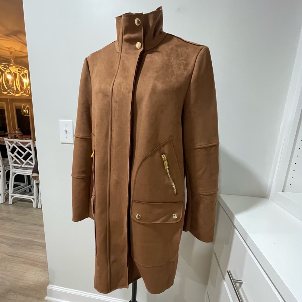 T Tahari Faux Suede Leather Coat Camel Brown Soft Cold Weather Cozy Warm Casual